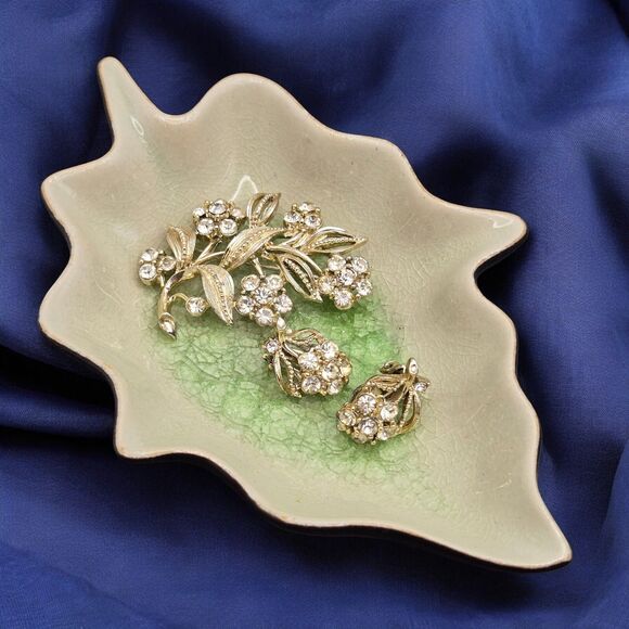 Signed Silver Tone Lisner Brooch & Earring Set Leaf Stemmed Rhinestone Flowers - Picture 1 of 11